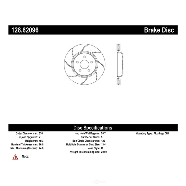 Centric SportStop Drilled 1-Piece Rear Brake Rotor 128.62096