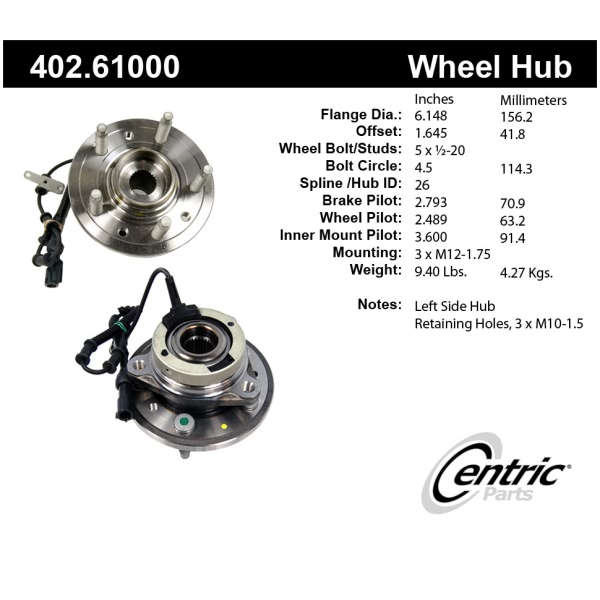 Centric Premium™ Front Driver Side Driven Wheel Bearing and Hub Assembly 402.61000