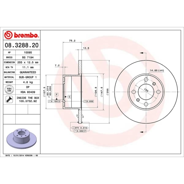 brembo OE Replacement Solid Front Brake Rotor 08.3288.20