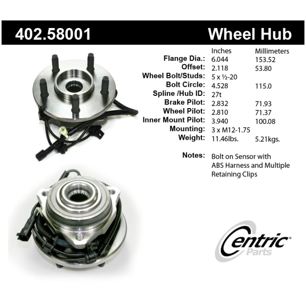 Centric Premium™ Front Passenger Side Driven Wheel Bearing and Hub Assembly 402.58001