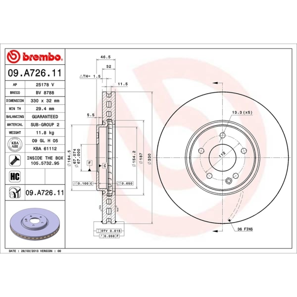 brembo UV Coated Series Vented Front Brake Rotor 09.A726.11