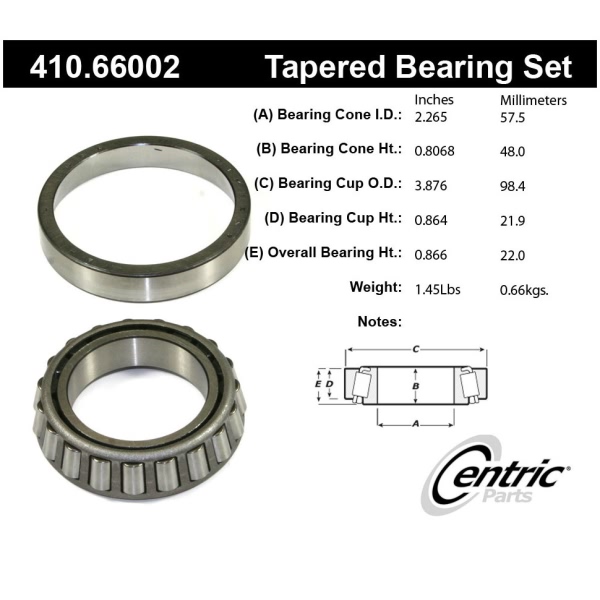 Centric Premium™ Rear Passenger Side Inner Wheel Bearing and Race Set 410.66002