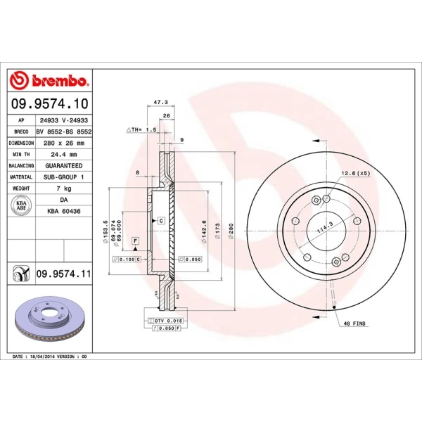 brembo UV Coated Series Vented Front Brake Rotor 09.9574.11