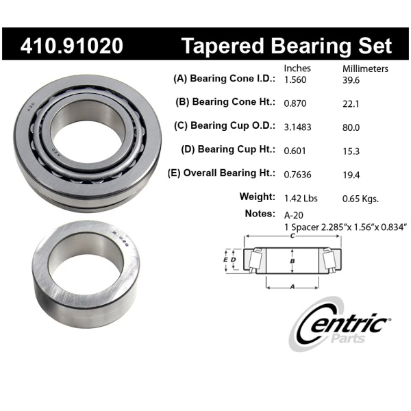 Centric Premium™ Rear Driver Side Wheel Bearing and Race Set 410.91020
