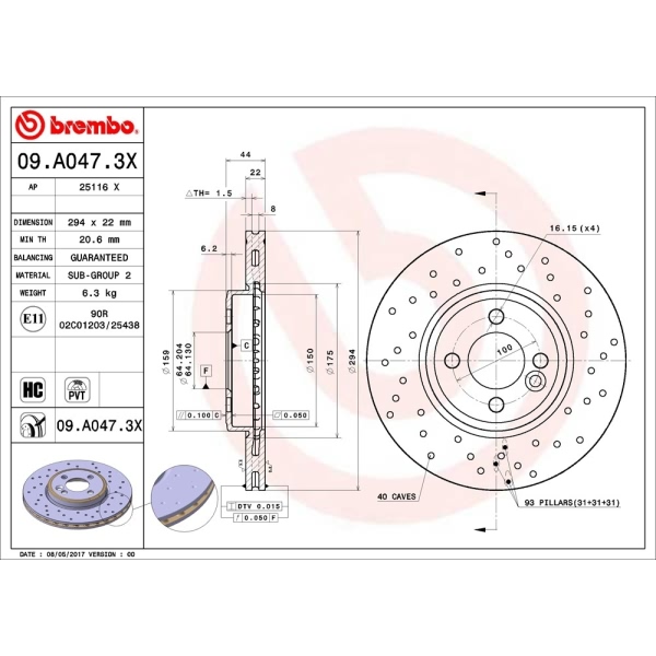 brembo Premium Xtra Cross Drilled UV Coated 1-Piece Front Brake Rotors 09.A047.3X