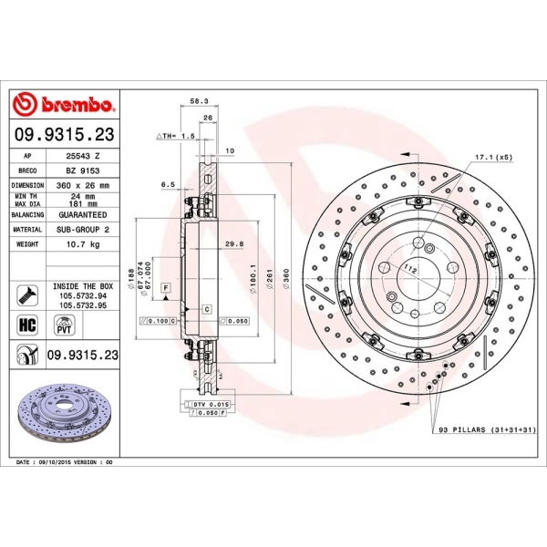 brembo OE Replacement Drilled and Slotted Vented Rear Brake Rotor 09.9315.23