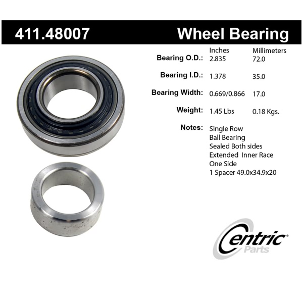 Centric Premium™ Rear Passenger Side Single Row Wheel Bearing 411.48007