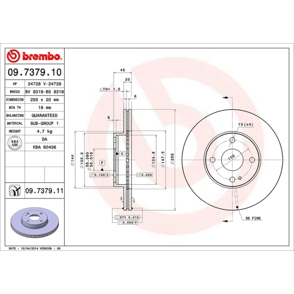 brembo UV Coated Series Vented Front Brake Rotor 09.7379.11