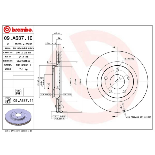brembo UV Coated Series Vented Front Brake Rotor 09.A637.11