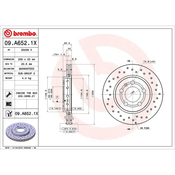 brembo Premium Xtra Cross Drilled UV Coated 1-Piece Rear Brake Rotors 09.A652.1X