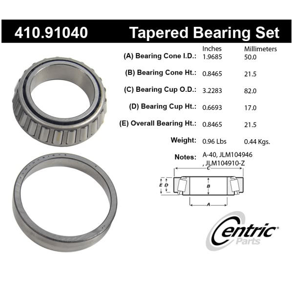 Centric Premium™ Front Passenger Side Outer Wheel Bearing and Race Set 410.91040