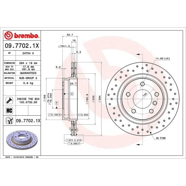 brembo Premium Xtra Cross Drilled UV Coated 1-Piece Rear Brake Rotors 09.7702.1X