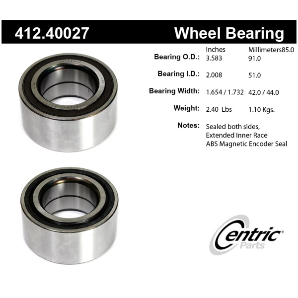 Centric Premium™ Front Driver Side Double Row Wheel Bearing 412.40027