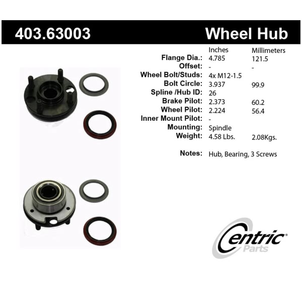Centric Premium™ Front Axle Bearing and Hub Assembly Repair Kit 403.63003