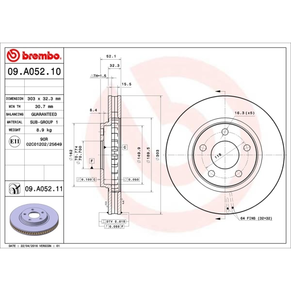 brembo UV Coated Series Vented Front Brake Rotor 09.A052.11