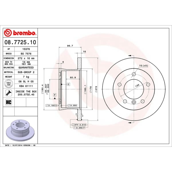 brembo OE Replacement Rear Brake Rotor 08.7725.10