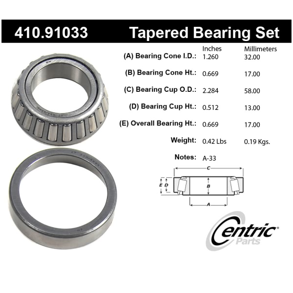 Centric Premium™ Front Passenger Side Inner Wheel Bearing and Race Set 410.91033