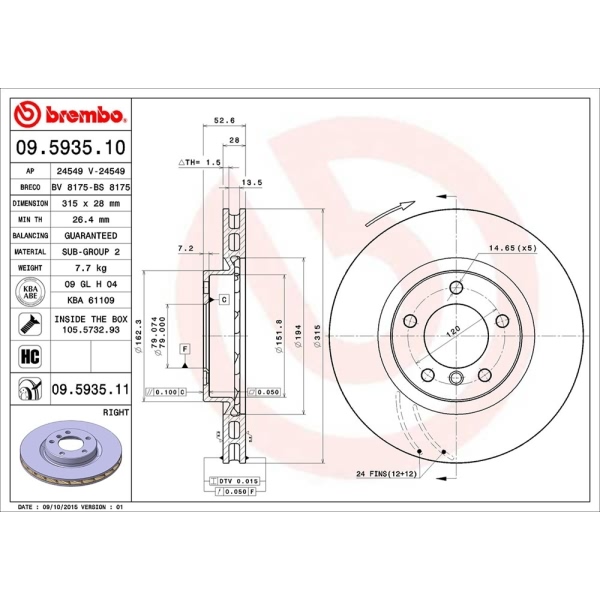 brembo UV Coated Series Vented Front Passenger Side Brake Rotor 09.5935.11