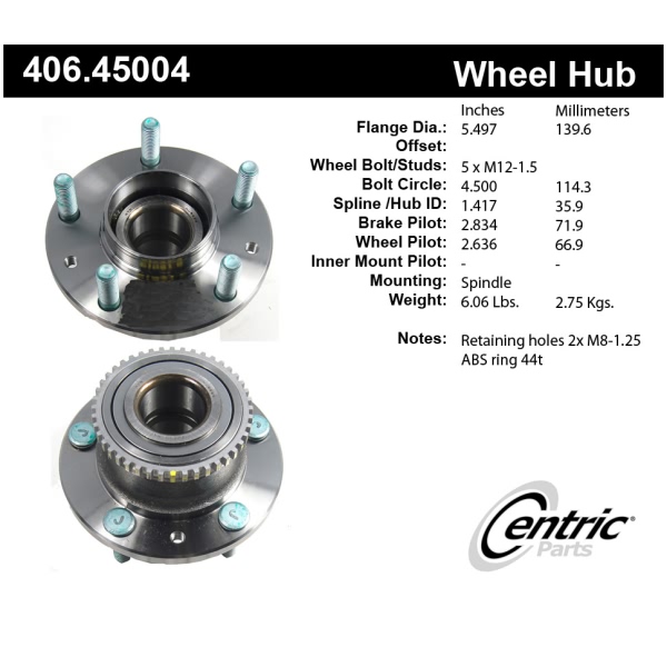 Centric Premium™ Rear Driver Side Non-Driven Wheel Bearing and Hub Assembly 406.45004