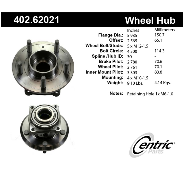Centric Premium™ Rear Passenger Side Driven Wheel Bearing and Hub Assembly 402.62021