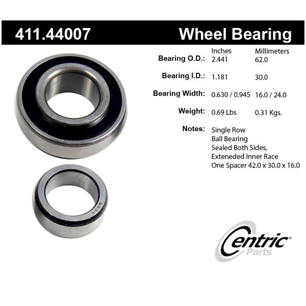 Centric Premium™ Rear Driver Side Single Row Wheel Bearing 411.44007