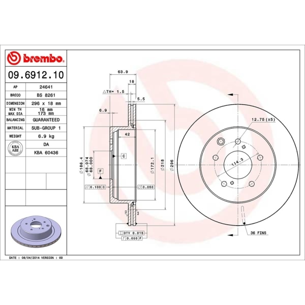 brembo OE Replacement Vented Rear Brake Rotor 09.6912.10