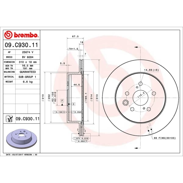 brembo UV Coated Series Vented Rear Brake Rotor 09.C930.11