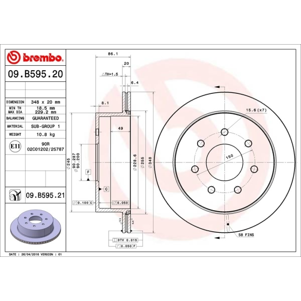 brembo UV Coated Series Vented Rear Brake Rotor 09.B595.21