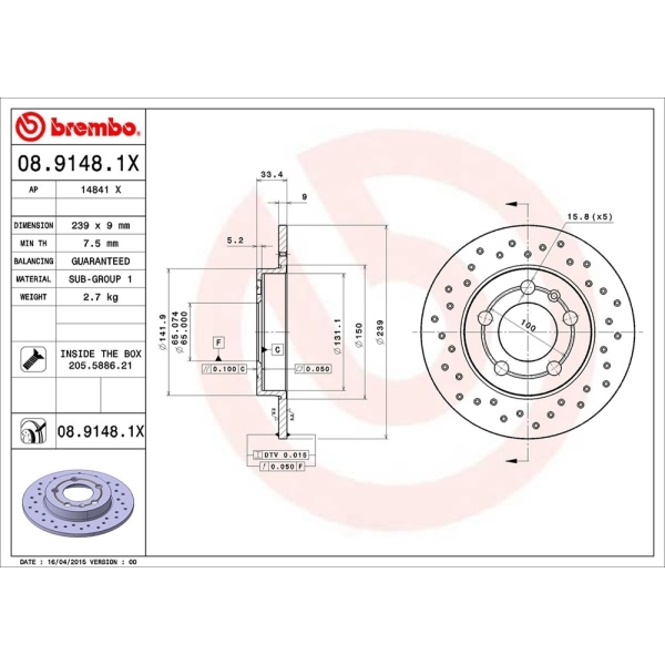 brembo Premium Xtra Cross Drilled UV Coated 1-Piece Rear Brake Rotors 08.9148.1X
