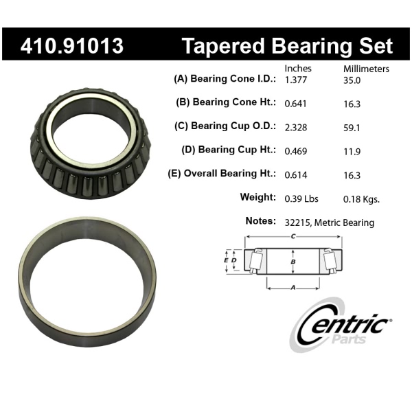 Centric Premium™ Front Passenger Side Inner Wheel Bearing and Race Set 410.91013