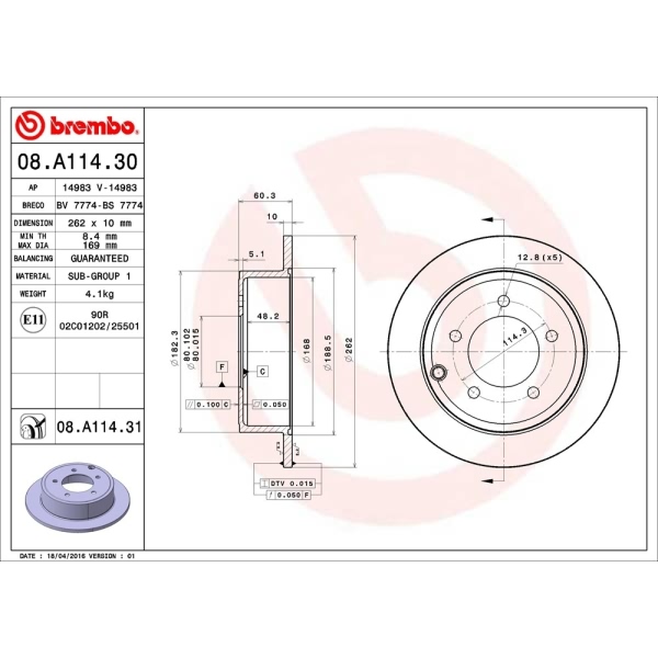 brembo UV Coated Series Solid Rear Brake Rotor 08.A114.31