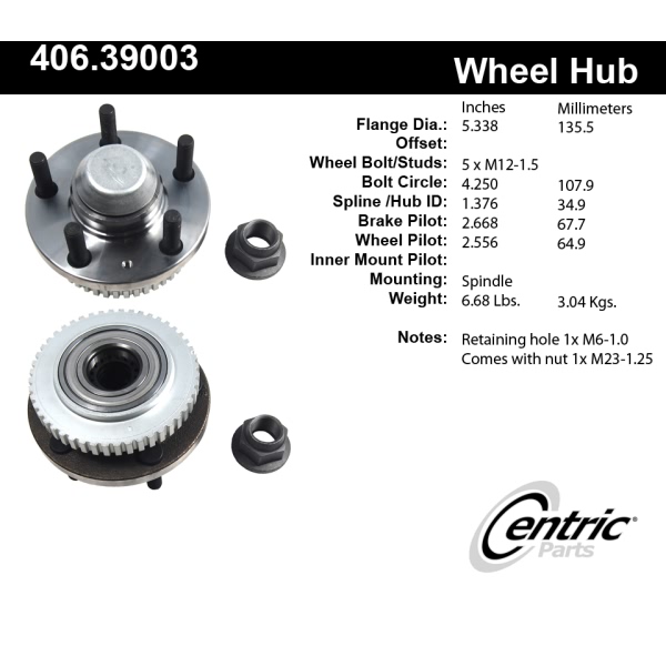 Centric C-Tek™ Front Driver Side Standard Non-Driven Wheel Bearing and Hub Assembly 406.39003E