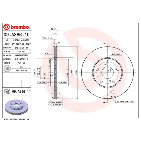brembo UV Coated Series Front Brake Rotor 09.A386.11