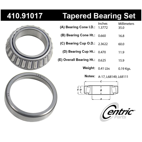 Centric Premium™ Front Driver Side Inner Wheel Bearing and Race Set 410.91017