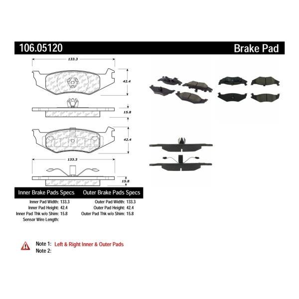 Centric Posi Quiet™ Extended Wear Semi-Metallic Rear Disc Brake Pads 106.05120