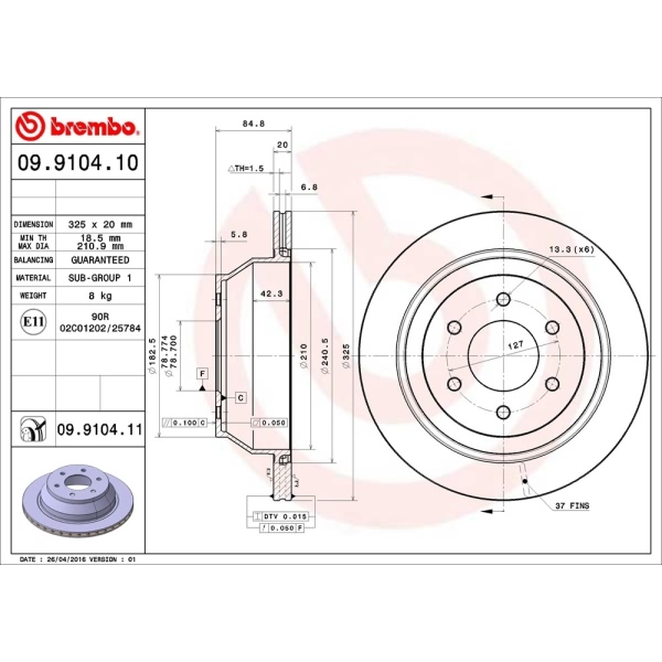 brembo UV Coated Series Vented Rear Brake Rotor 09.9104.11