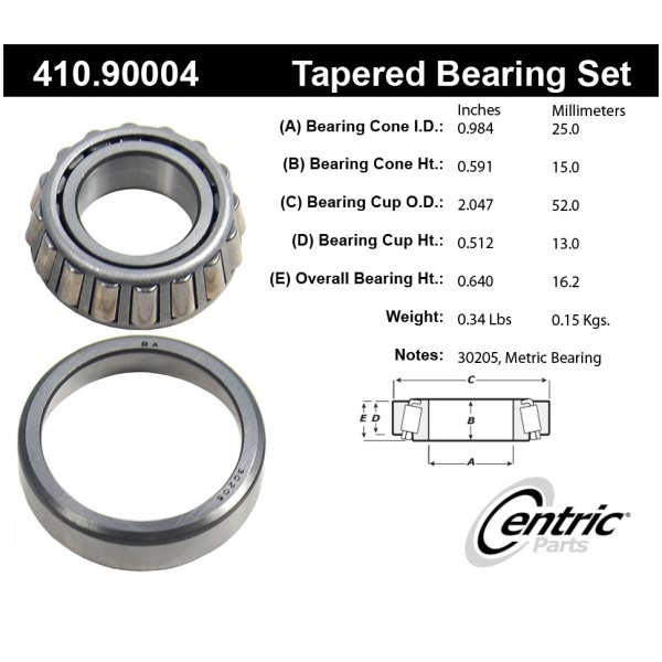 Centric Premium™ Front Passenger Side Inner Wheel Bearing and Race Set 410.90004