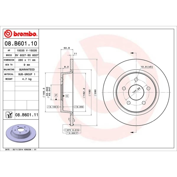 brembo UV Coated Series Solid Rear Brake Rotor 08.B601.11