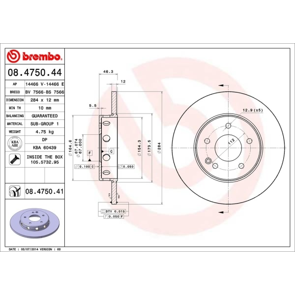 brembo UV Coated Series Solid Front Passenger Side Brake Rotor 08.4750.41