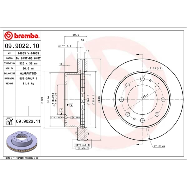 brembo UV Coated Series Vented Front Brake Rotor 09.9022.11