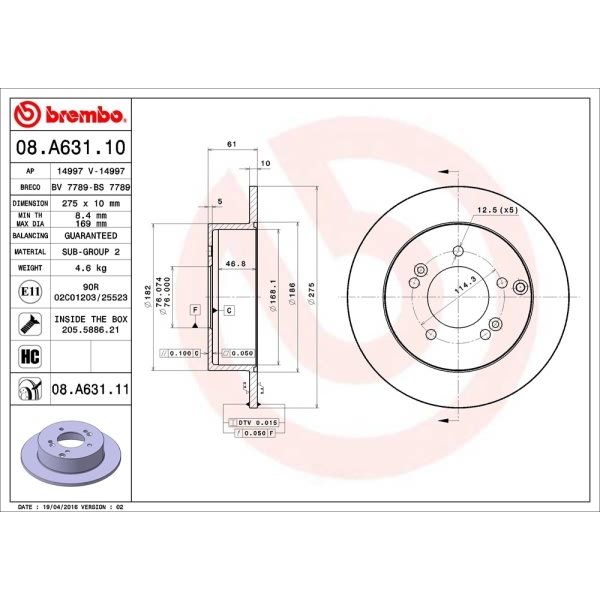 brembo UV Coated Series Solid Rear Brake Rotor 08.A631.11