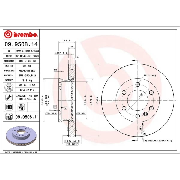 brembo UV Coated Series Vented Front Brake Rotor 09.9508.11