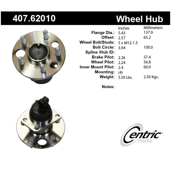Centric Premium™ Rear Passenger Side Non-Driven Wheel Bearing and Hub Assembly 407.62010