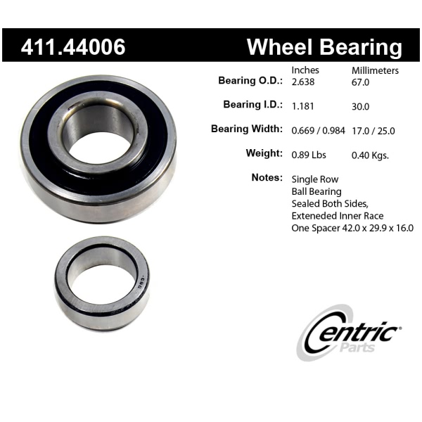 Centric Premium™ Rear Driver Side Single Row Wheel Bearing 411.44006