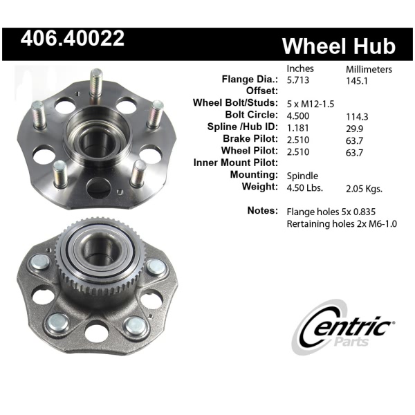 Centric Premium™ Rear Passenger Side Non-Driven Wheel Bearing and Hub Assembly 406.40022