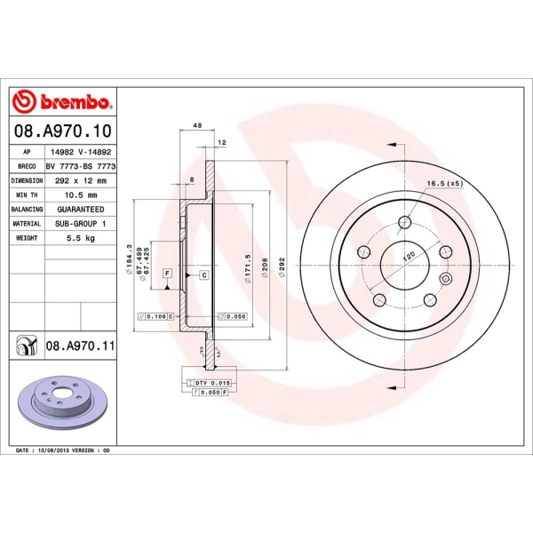 brembo UV Coated Series Solid Rear Brake Rotor 08.A970.11