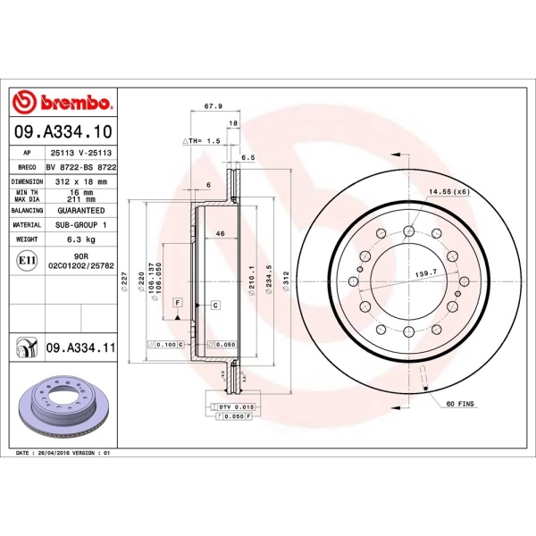 brembo UV Coated Series Vented Rear Brake Rotor 09.A334.11