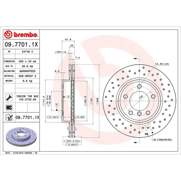 brembo Premium Xtra Cross Drilled UV Coated 1-Piece Front Brake Rotors 09.7701.1X