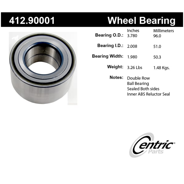 Centric Premium™ Rear Passenger Side Double Row Wheel Bearing 412.90001