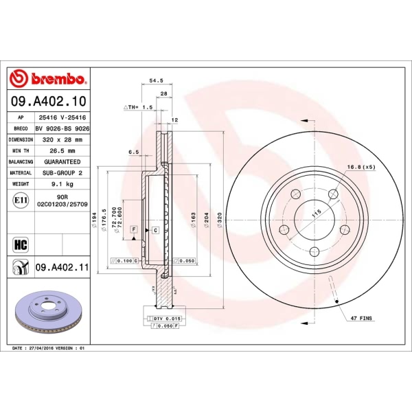 brembo UV Coated Series Vented Front Brake Rotor 09.A402.11